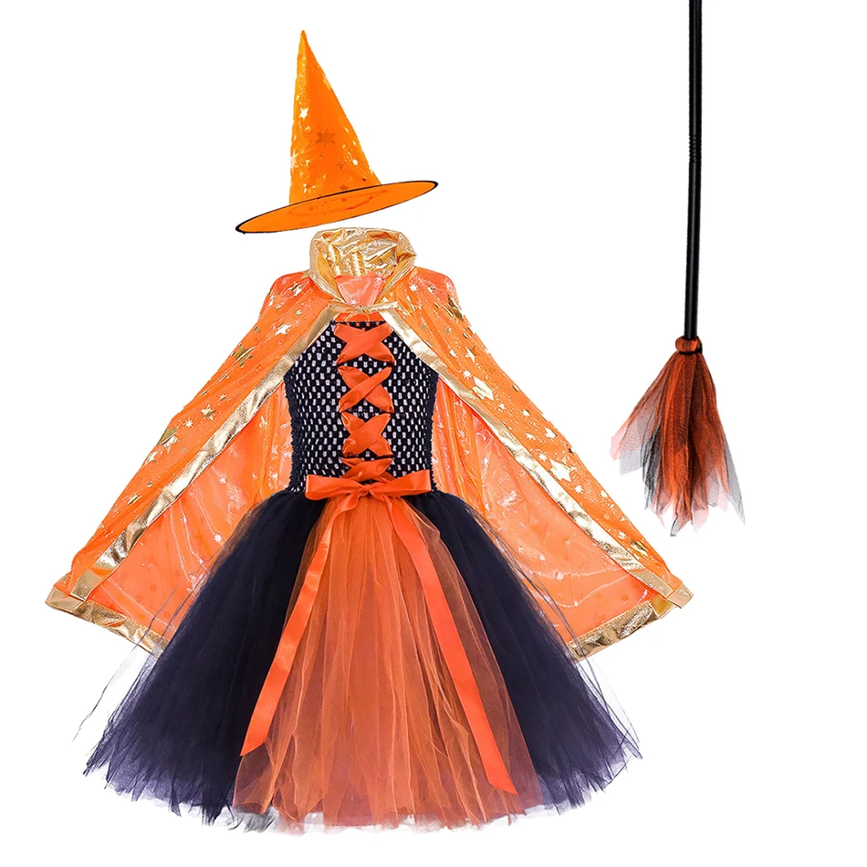 Halloween Witch Costume Baby Girls Children Cosplay Vampire Princess Dresses Pumpkin Kids Clothes With Hat Carnival Party Gift