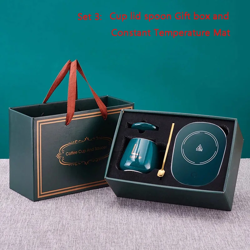 Ceramic Mugs Gift Set Letters Coffee Cup with Lid Spoon Thermostat Coaster Portable Cup Mat Celsius Constant Temperature Heating
