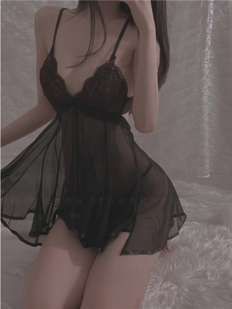 

Sexy Nightdress Silk Transparent Tank Mini Dress Mesh Lace Hot Sexy Korean Women Backless Flowers V Neck Tops U871