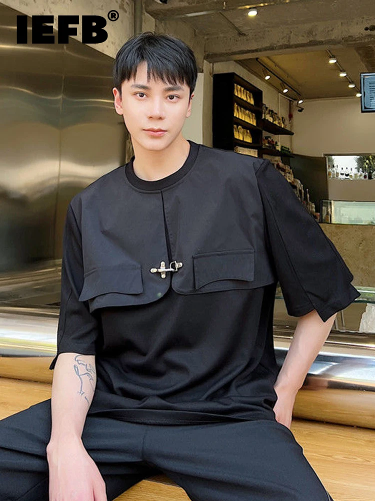 

IEFB Summer Personality Versatile Round Neck Top Fake Two Piece Design Half Sleeve T-Shirt 2023 Solid Color Male Tops 9A3947