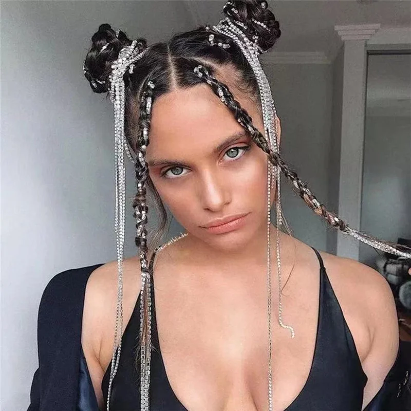 

1pc 120cm Flashing Rhinestone Hair Braided Tassel Long Hair Chain Jewelry Women Hip Hop Crystal Hair Extension Chain Accessories