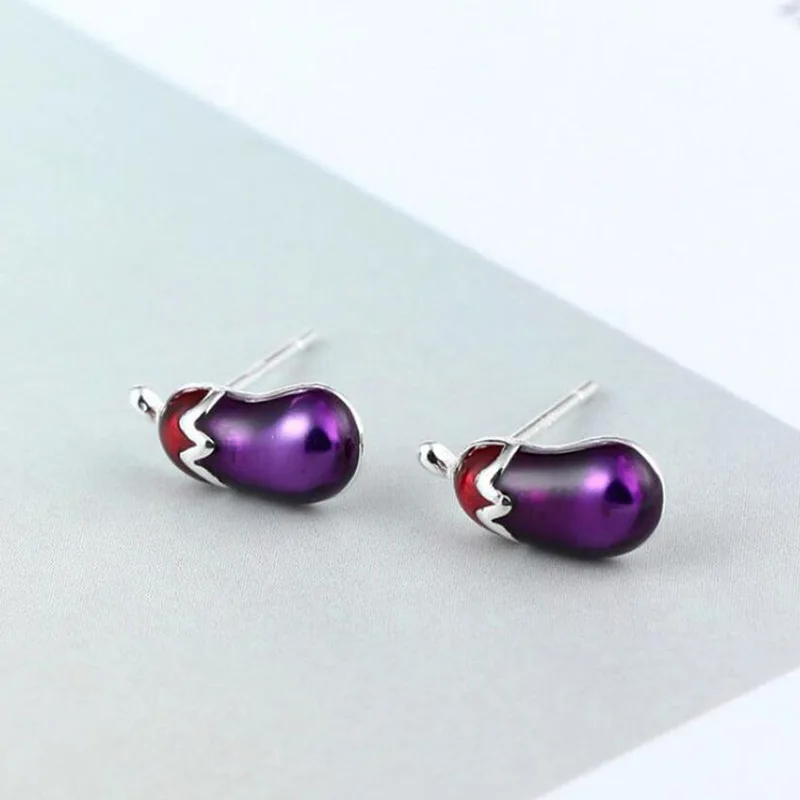 

New Trendy Silver Color Stud Earrings Purple Eggplant Enamel Cute Simple For Women Girl Gift Fashion Jewelry Dropship Wholesale