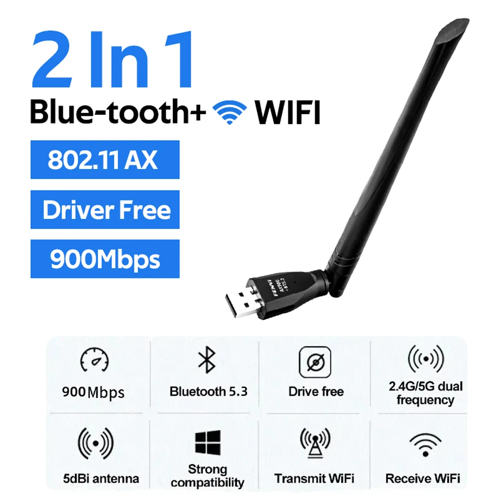 Фото 2 в 1 WiFi6 WiFi адаптер AX900 BT5.3 двухдиапазонный 900Mbps беспроводная сетевая карта Wifi Антенна Dongle Бесплатный диск для ПК Win10 11 №1