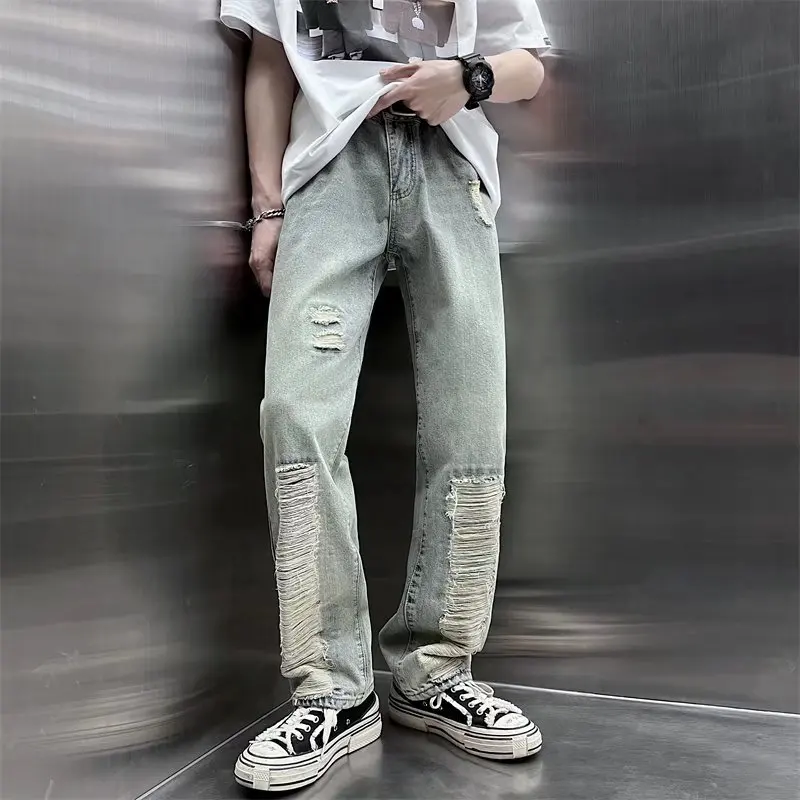 2022 Ropa Hole Ripped Vintage Grunge Men Slim Jeans Pants Streetwear Distressed Washed Hip Hop Denim Trousers Pantalones Hombre