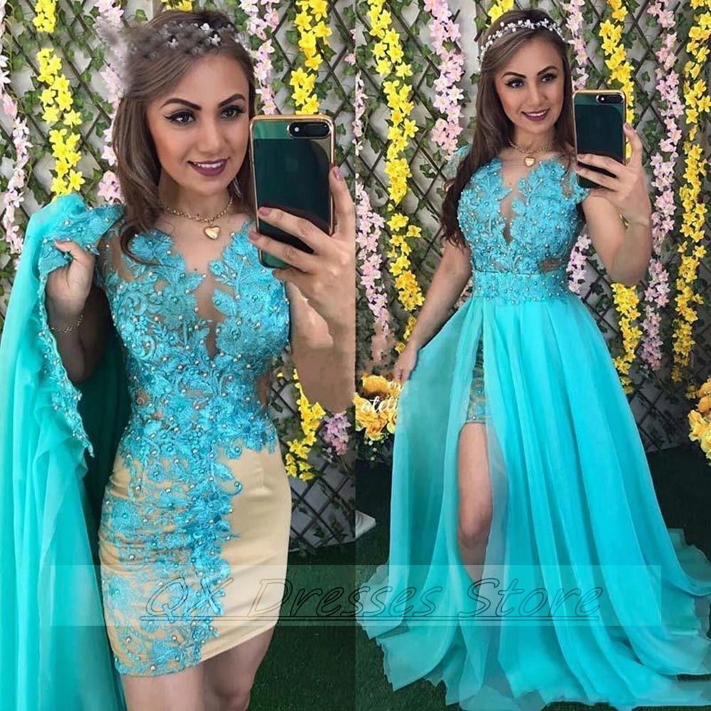 

Elegant Women 2 Pieces Formal Prom Dresses Detchable Sweep Train Lace Appliques Side Slit Evening Gowns Cap Sleeve Dress