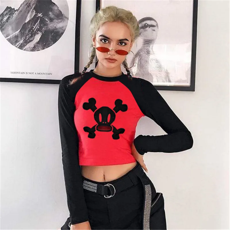 

Женские готические укороченные топы Gaono, футболка с длинным рукавом и рисунком черепа в стиле панк, уличная одежда на Хэллоуин, y2k, 2000s