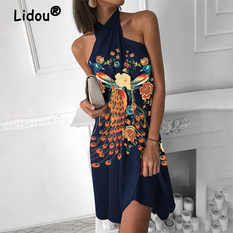 

Halter Evening Party Sexy Off Shoulder Backless Asymmetrical Folds Casual Solid Color Multicolor Beach Sleeveless Dress Summer