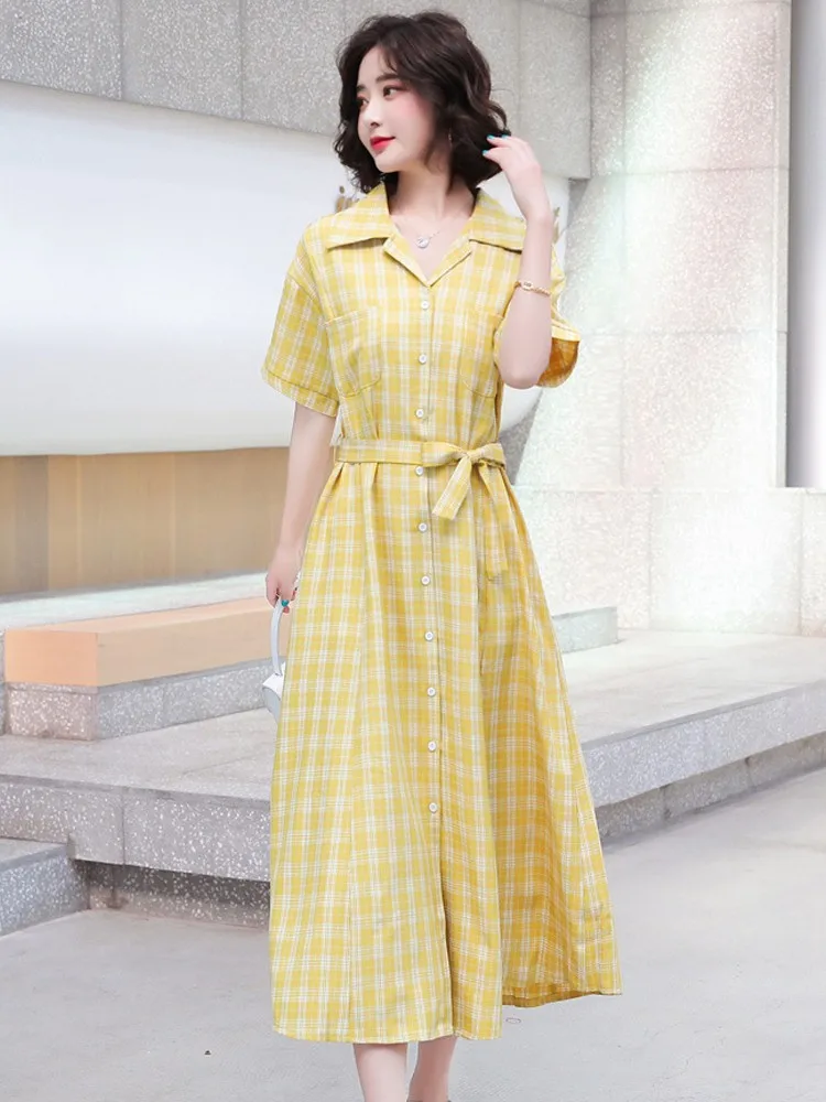 

Vintage Long Plaid Single-breasted Turn-down Collar Dress Women 2022 Summer Female Elegant Short Sleeve Sashes Slim Shirt Dress