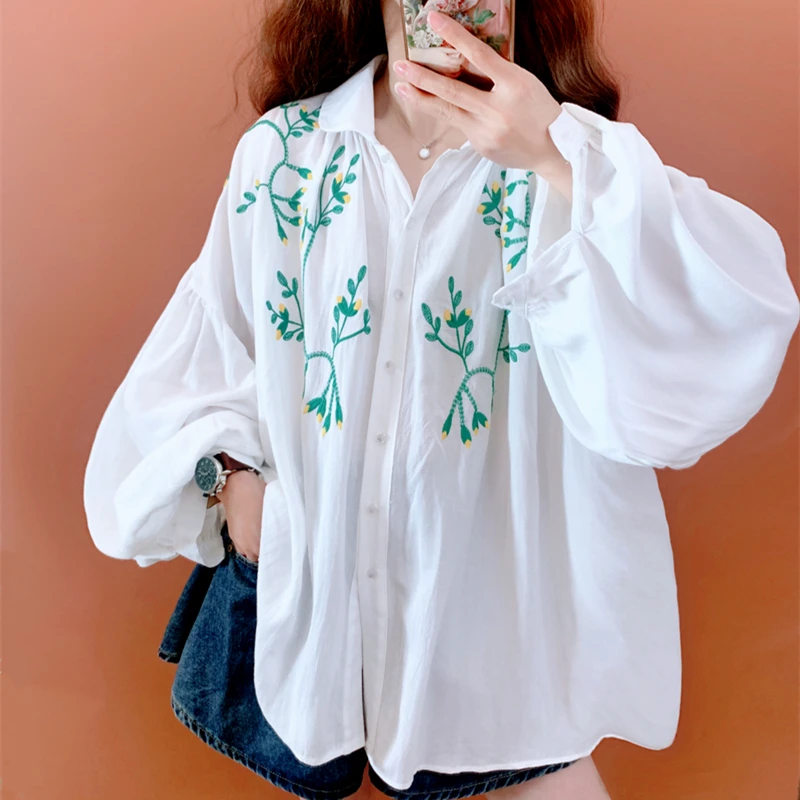 

Spring Autumn Women Plus Size Oversized Japan Style Mori Kei Girl Girly Lantern Sleeve Embroiderey Cotton White Shirts/Blouses