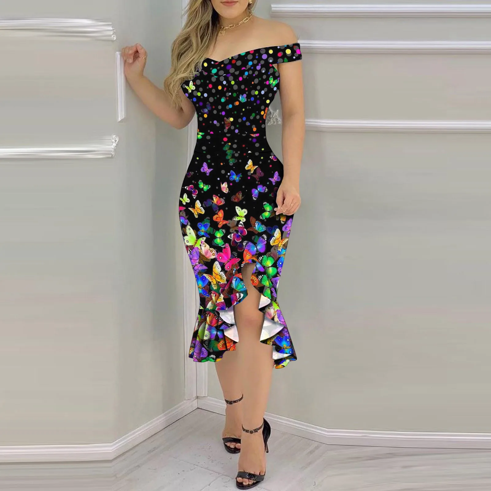

Women's Dress Vantage Summer Off Shoulder Butterfly print Dress Elegant Cocktail Party Night Club Wide Belt Bodycon Vestidos