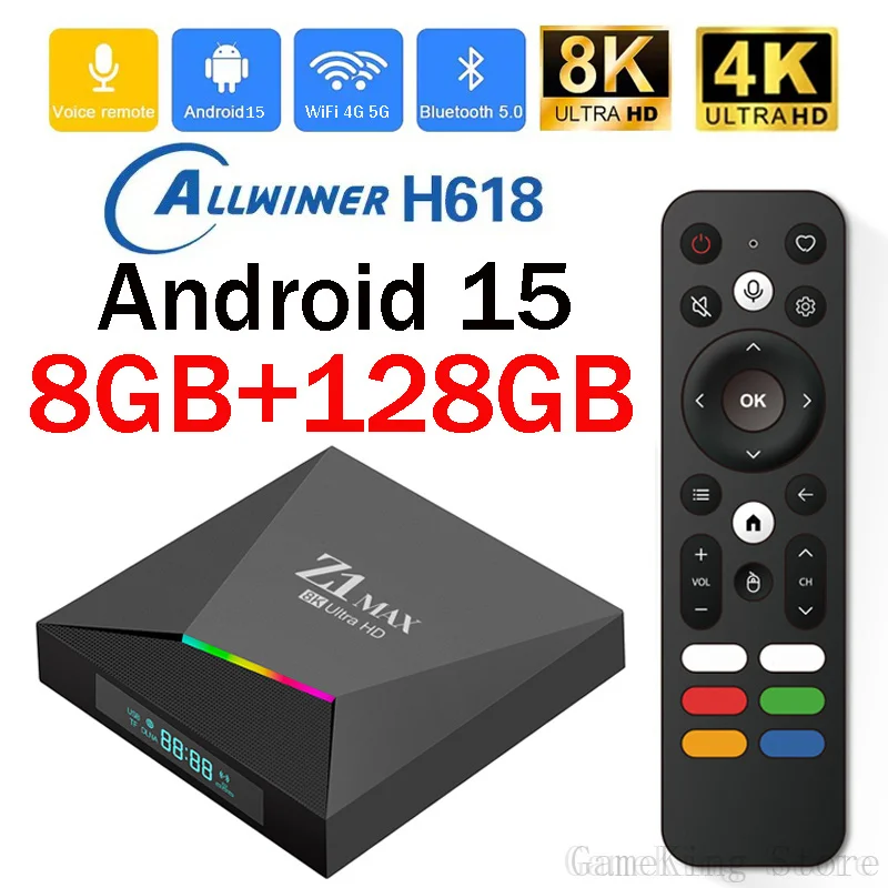 Фото android box 4g Android 15 iptv Z1 Max TV Box 4K 8K HD Allwinner H618 BT 5.0 4G 5G Dual WiFi 8 ГБ 128 ГБ Голосовой пульт дистанционного управления allwinner №1