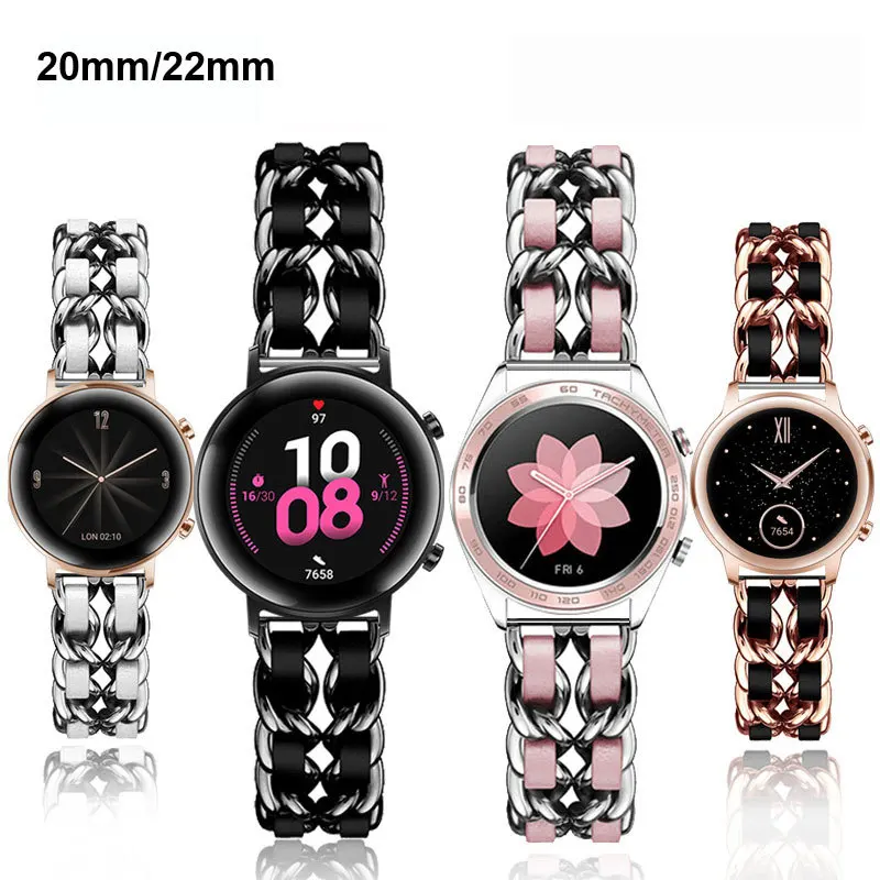 

20mm 22mm Strap For Samsung Galaxy Watch 4/Classic/46mm/42mm/active 2 Stainless steel Chain Leather Band Huawei GT2/3 watch3 pro