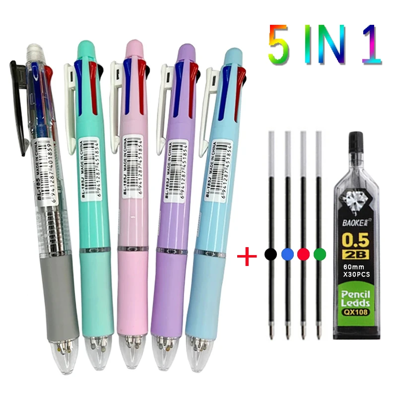 Kawaii 5 In 1 Multicolor Ballpoint Pens with Refills Pencil Leads Set 4 Color Ball Pens and Mechanical Pencil Multifunction Pen