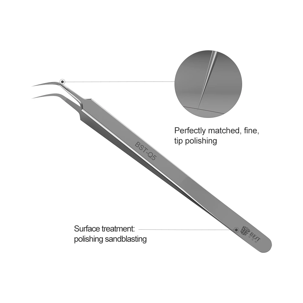 BST-Q5 Ultra Precision Tweezers Stainless Steel Curved Tweezers Pliers with Fine Tip
