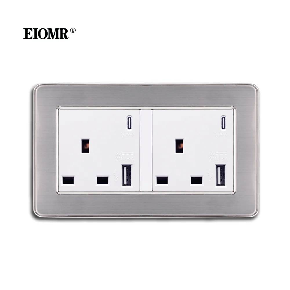 

EIOMR UK Standard 13A Socket 146mm*86mm Wall Power Socket New with USB Type C Hole 5V 2.1A Charger Port Universal Wall Outlet