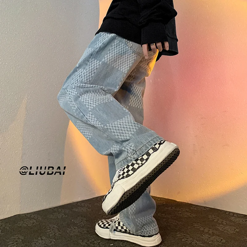 Blue Black Baggy Jeans Men Fashion Retro Plaid Jeans Men Japanese Streetwear Hip Hop Loose Straight Denim Pants Mens Trousers
