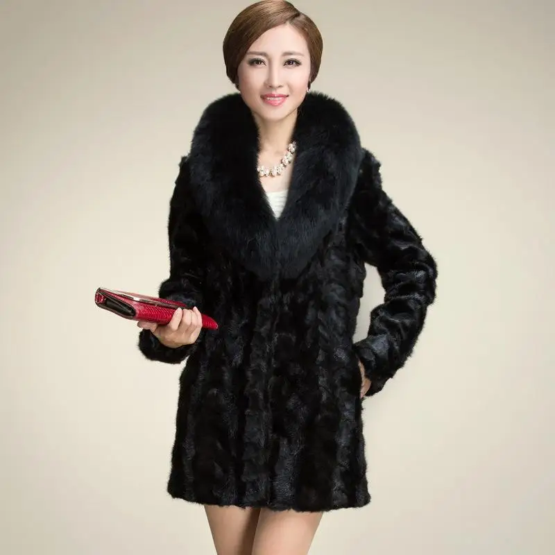 Women's Leather Fur Coat Fashionable Warm Faux Fur Coat Mid-Length Imitated Mink Mosaic Leather Fur Coat Faux Fur Coat