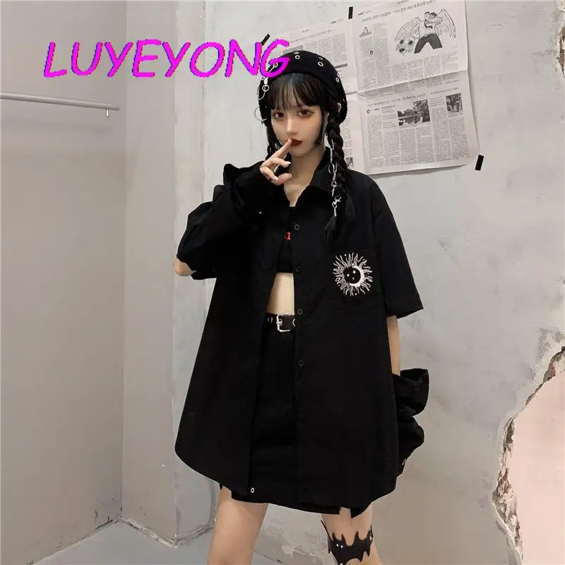 

Harajuku Cool Top Women Single Breasted Sun Detachable Outsleeve Shirts Black White Gothic Lady Street Long Sleeve Shirt Autumn