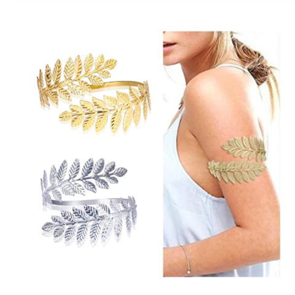 

Vintage Gold Silver Plated Greek Roman Laurel Leaf Bracelet Armband Upper Arm Cuff Armlet Festival Bridal Belly Dance Jewelry