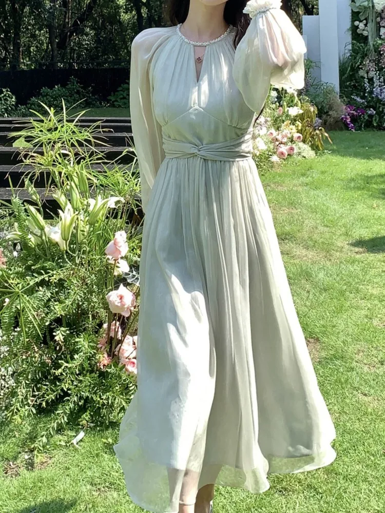 

Autumn Lantern Sleeve Ruched Midi Dresses for Women French Slim Waist A-line Party Clothes Lady Elegant Solid Vestidos Mujers