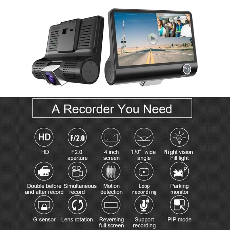 1080P 4Inch Car Dash Cam Front/Cabin/Rear DVR Video Driving Recorder Security Camera Monitor for Taxi Uber |