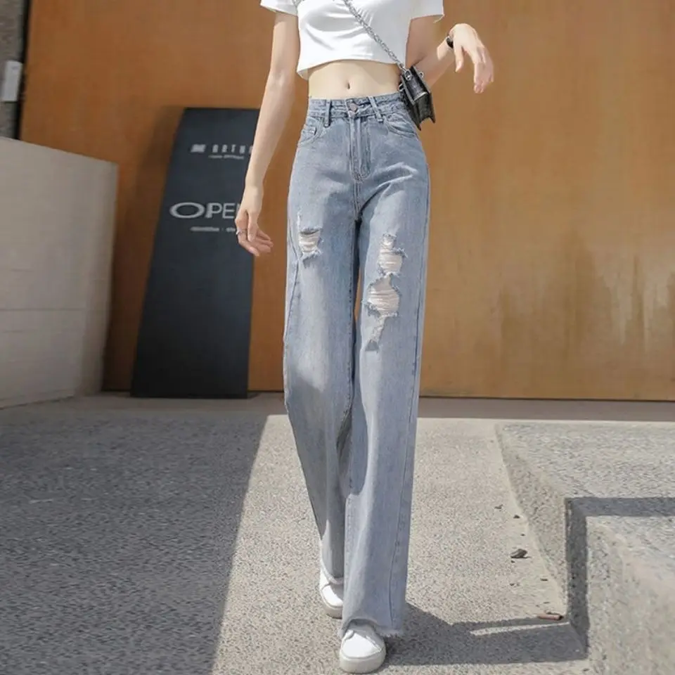 

Ripped Jeans for Women Wide Leg Jean Female Denim Trouser Straight Baggy Mom Denim Pants New Fashion Distressed Pants L120