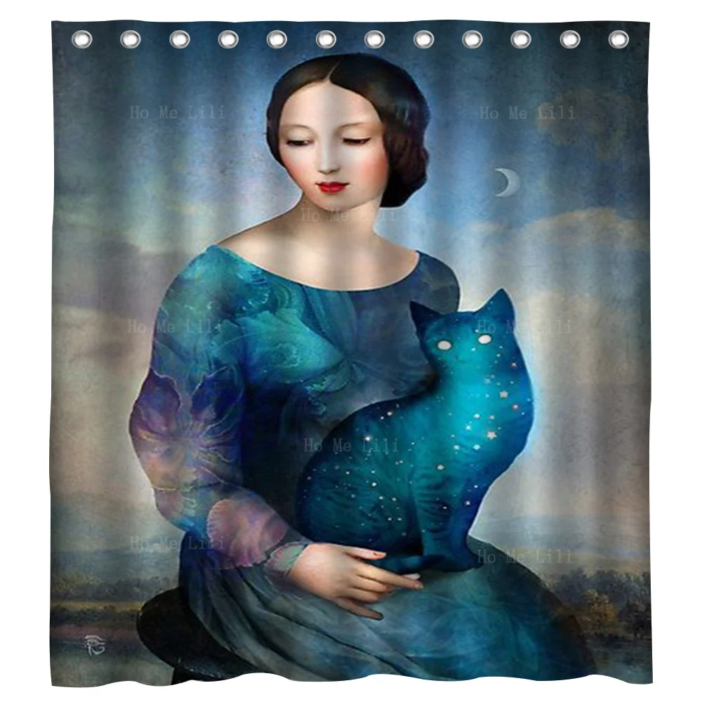 

A Beautiful Woman Was Sitting With He Cat In Her Arms Under The Tender Night By Ho Me Lili Decorate Shower Curtains For Family