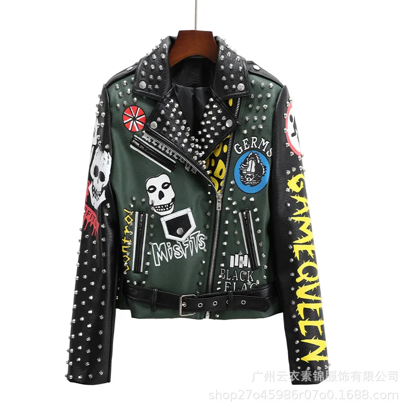 European And American Fashion Printed Short Leather Coat Women'S New Popular Motorcycle Clothing Slim Trend Personality