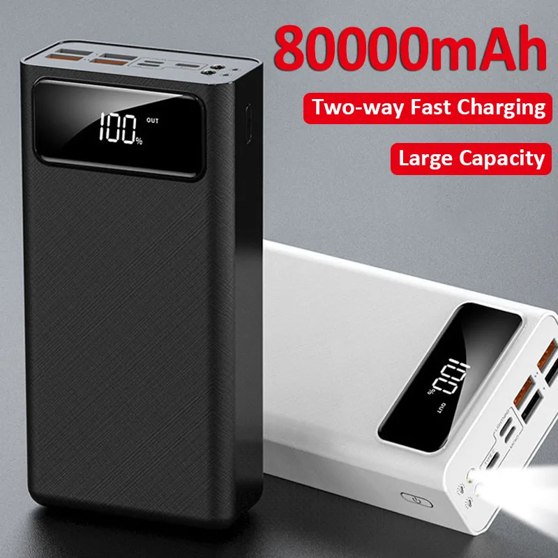 

2023 Large Capacity 80000mAh Power Bank Quick Charge Portable Charger 7USB Digital Display External Battery with flashlight
