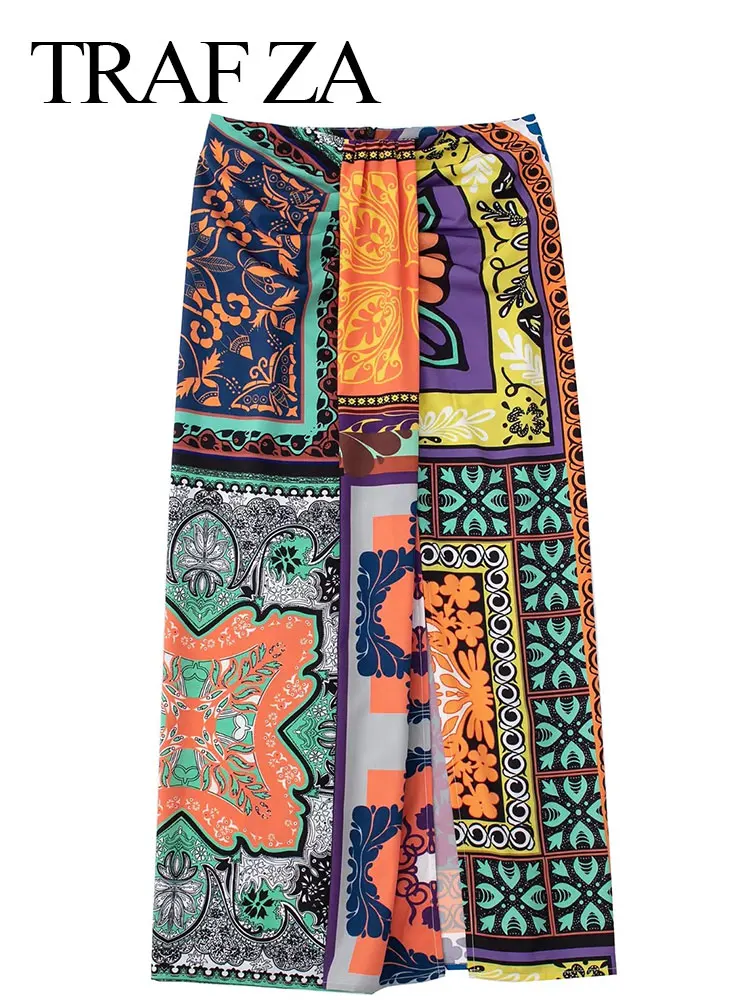 

TRAF ZA Retro Print Asymmetrical Female Long Skirt Pleated Overlapping Slits Slim Sexy Fashion Skirt Summer Vacation Daily Wear