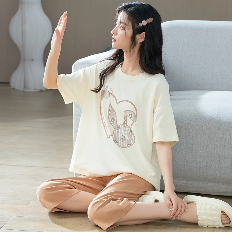 Short sleeved pajamas women's summer 2023 new capris home suit set made of pure cotton