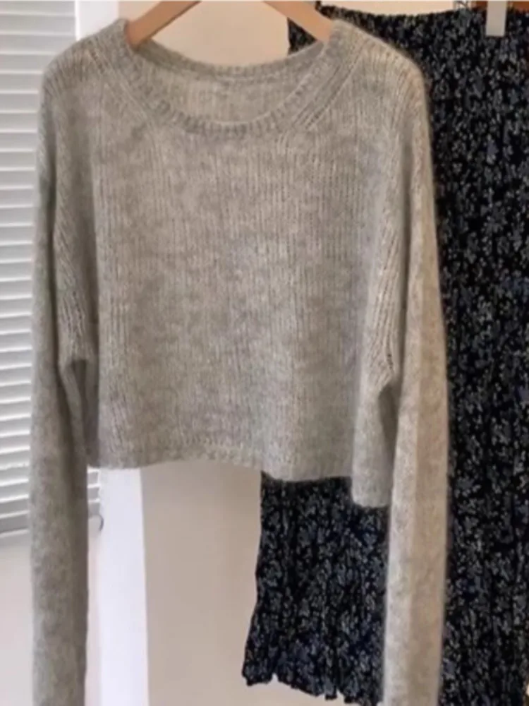 Серый мохеровый свитер с круглым вырезом Idle Sle женская осенне-зимняя внутренняя