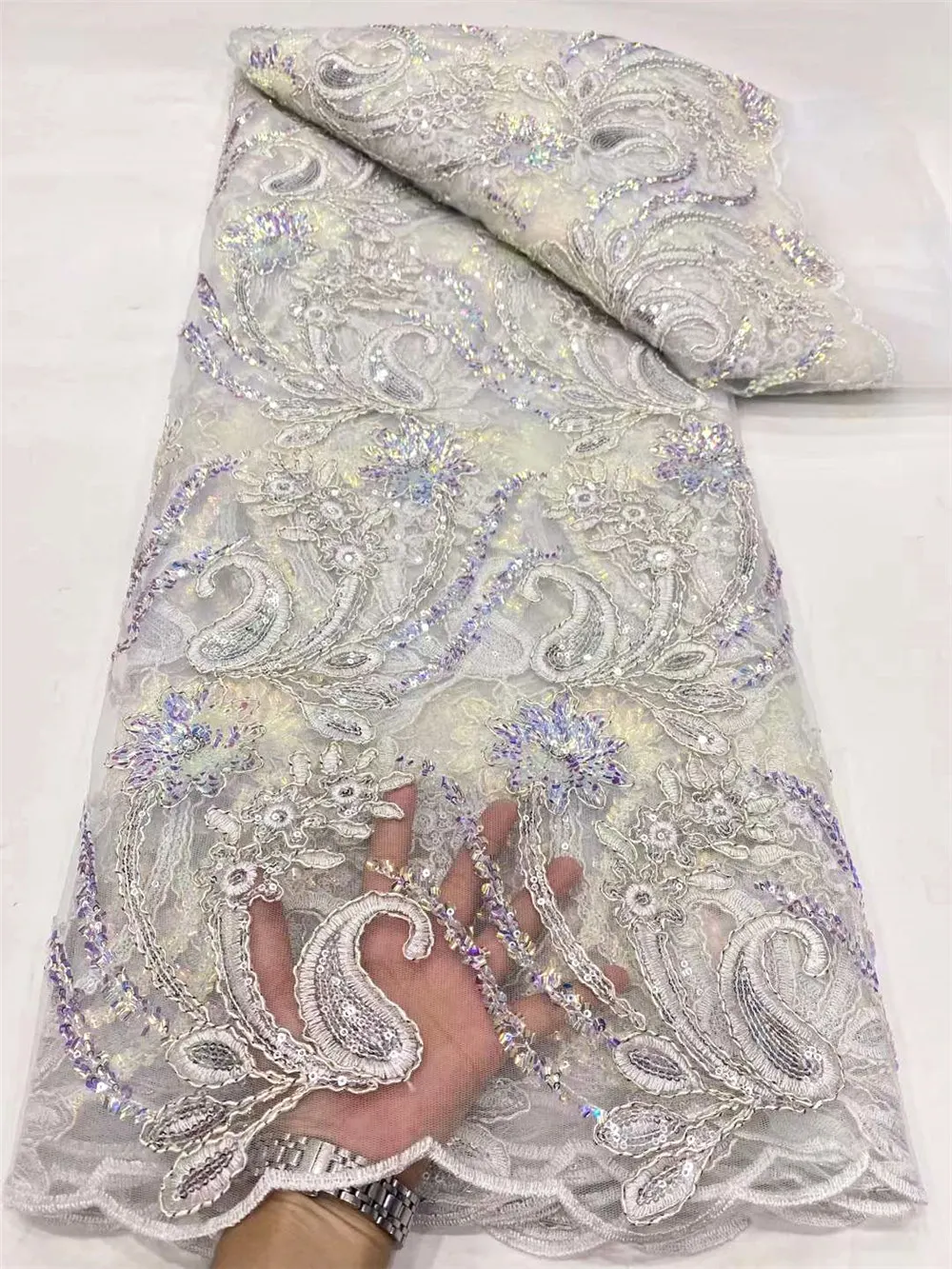 

French Tulle Mesh Lace Fabric High Quality Crocheted Luxury Sequins Embroidery Nigerian White Wedding Women Dress OR4252