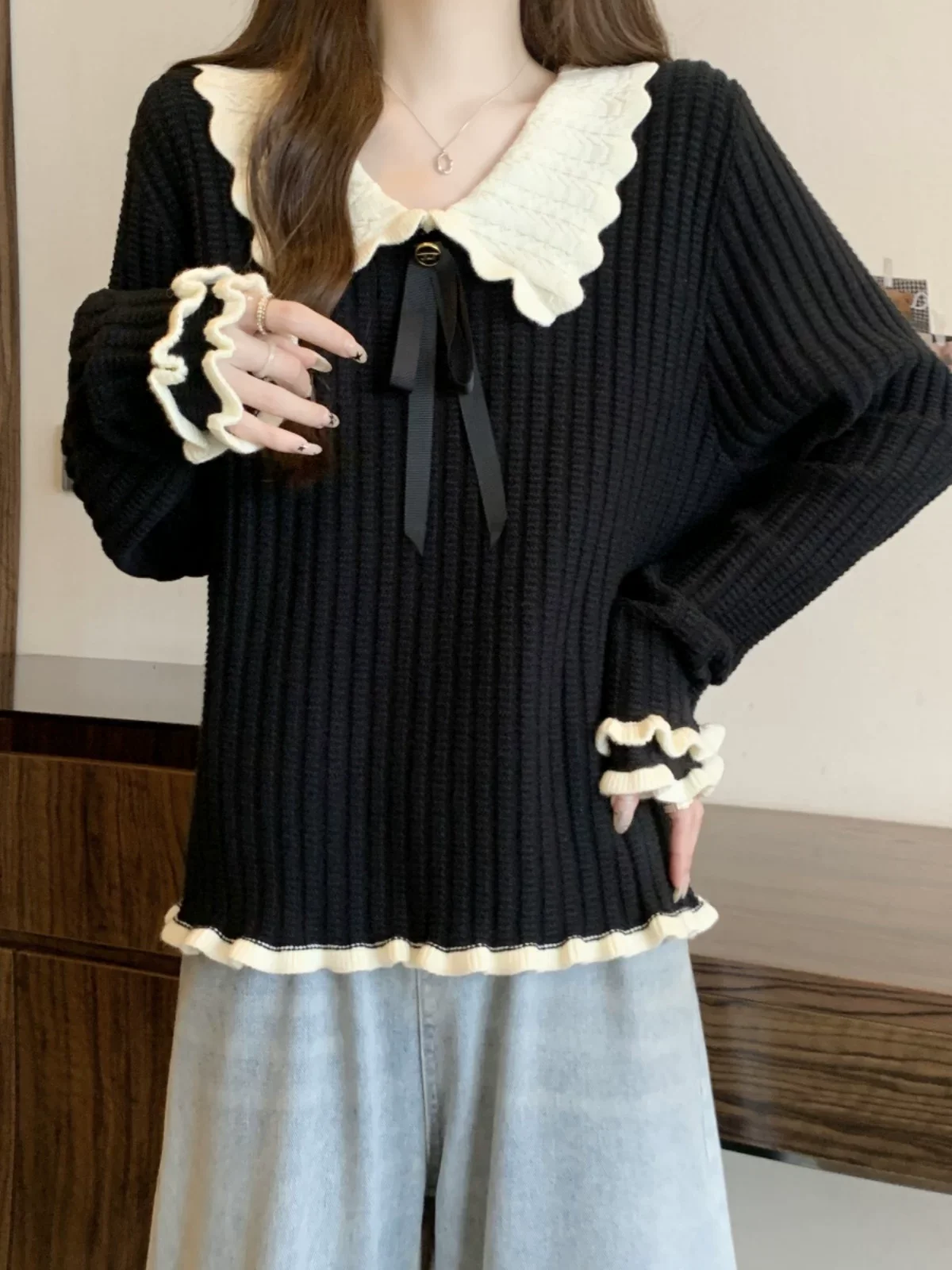 Плюс размер дизайн Sense кукольный воротник с деревянными ушками вязать осенняя