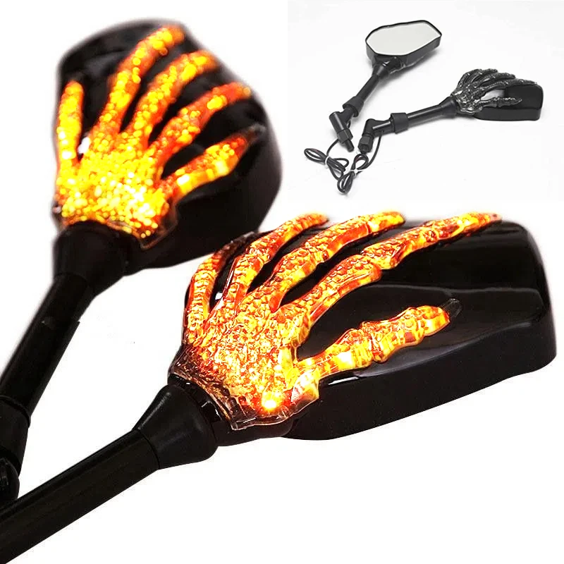 Motorcycle Mirror Skeleton Skull Hand Claw Side Rear View Mirrors LED turn light rearview mirror Street bike scooter universal
