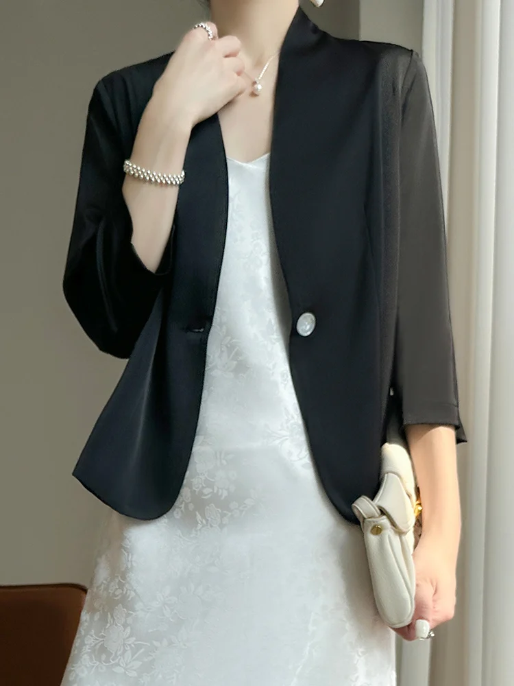 Acetate Satin Small Suit Jacket Women's Senior Sense Goddess Fan Seven-Quarter Sleeve 2023 Spring/Summer Design Sense Light Top