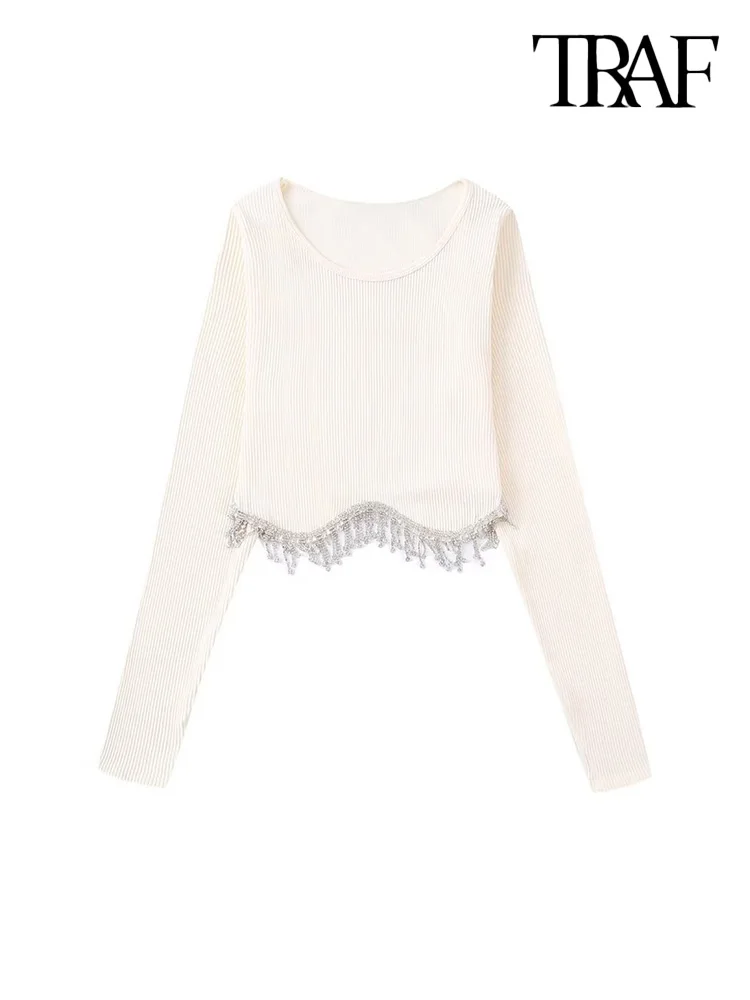 

TRAF Women Fashion With Rhinestone Appliques Cropped Knit Blouses Vintage O Neck Long Sleeve Female Shirts Blusas Chic Tops