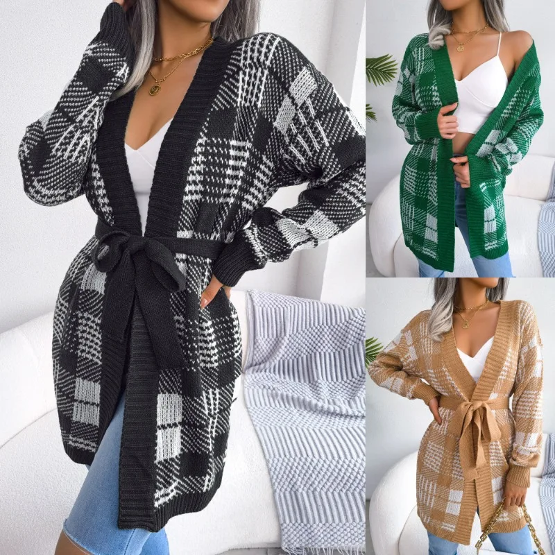 

Autumn and winter plaid strap lantern sleeve casual cardigan sweater coat women's dress