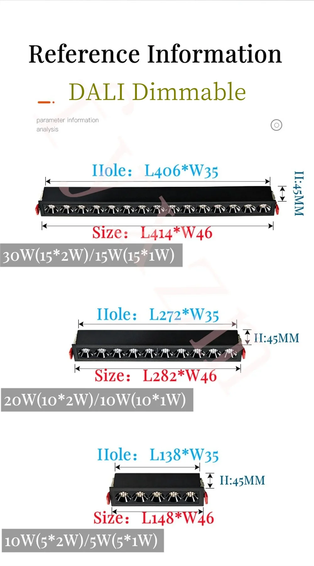 DALI Встраиваемый антибликовый линейный светильник с регулируемой яркостью 5 Вт 10