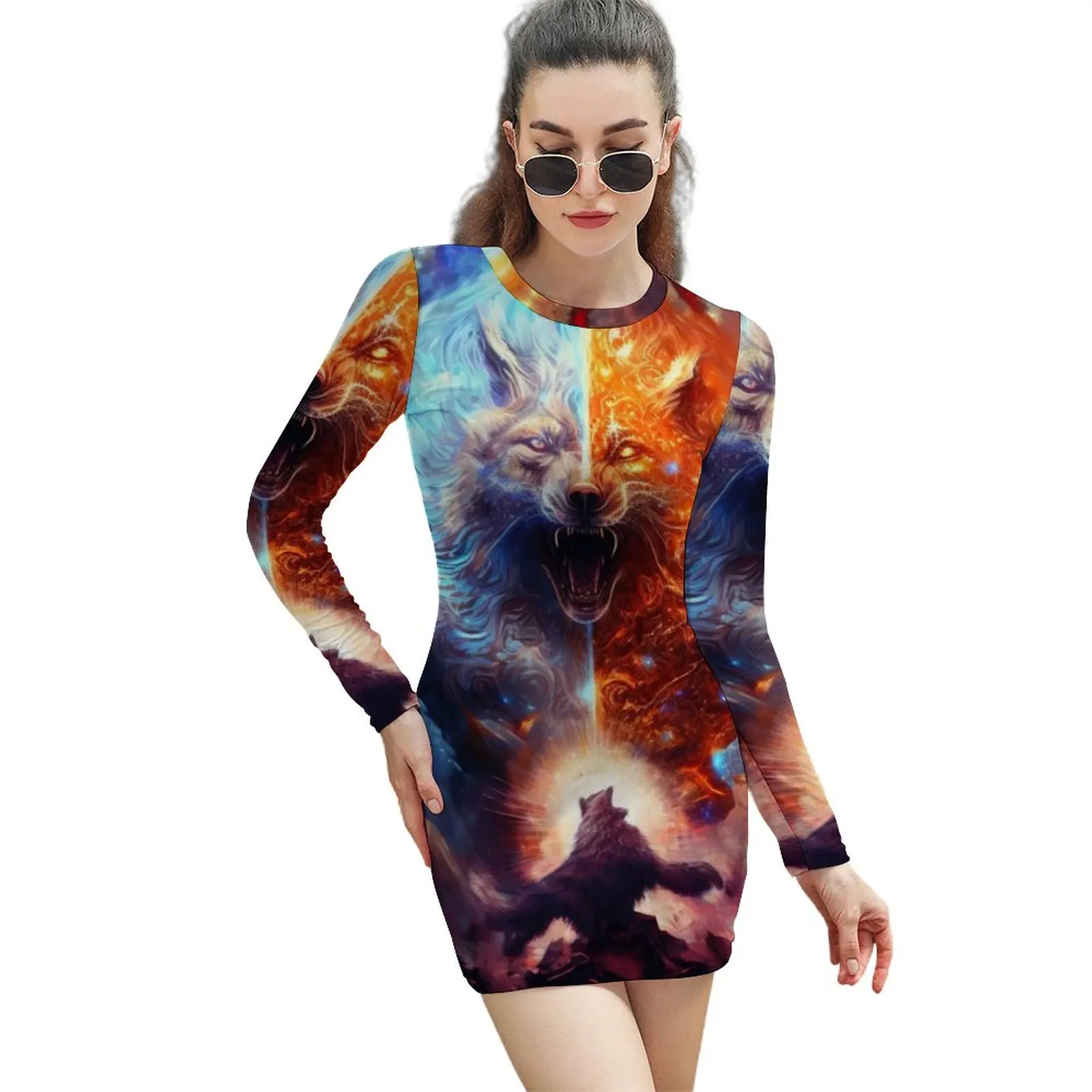 

Wolf God Dress Ladies Two Tone Print Street Wear Bodycon Dress Spring Long Sleeve Kawaii Dresses Graphic Oversized Vestidos