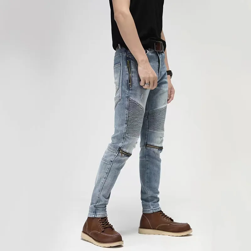 EH·MD® Zip Knee Stitching Jeans Men's High Elastic Slim Tattooed Leg Multi-Pocket Motorcycle Riding Pants Flanging Fashion Feet2