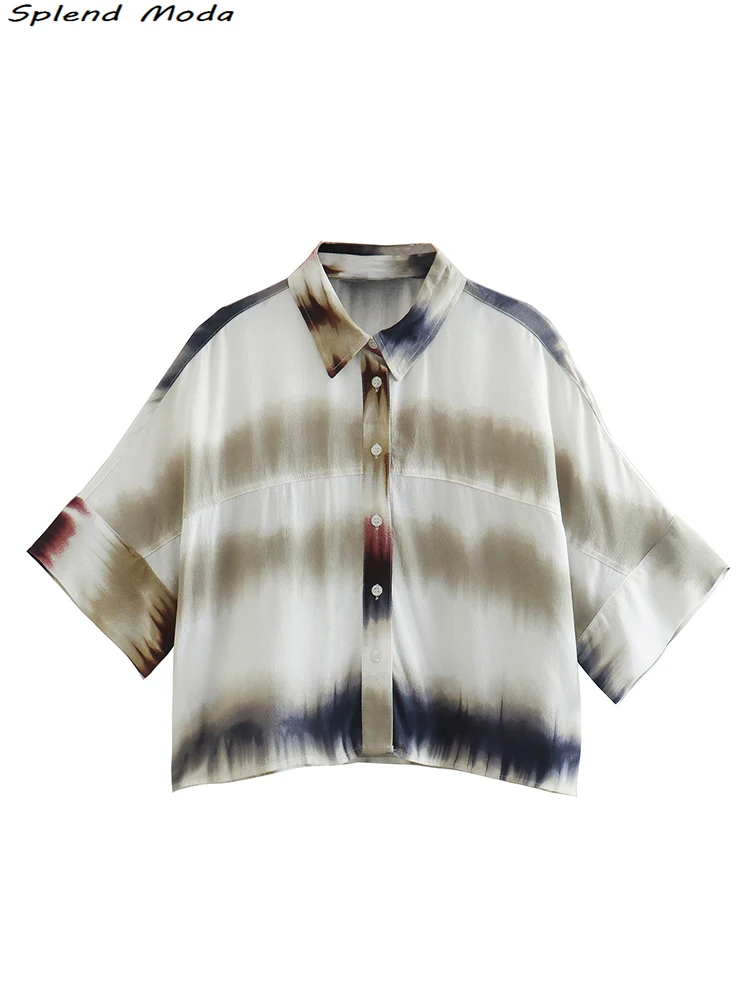 

2022 ZA Women Summer Fashion Street Style Tie Dye Print Single Breasted Short Blouses Casual Lapel Collar Shirts Chic Crop Tops