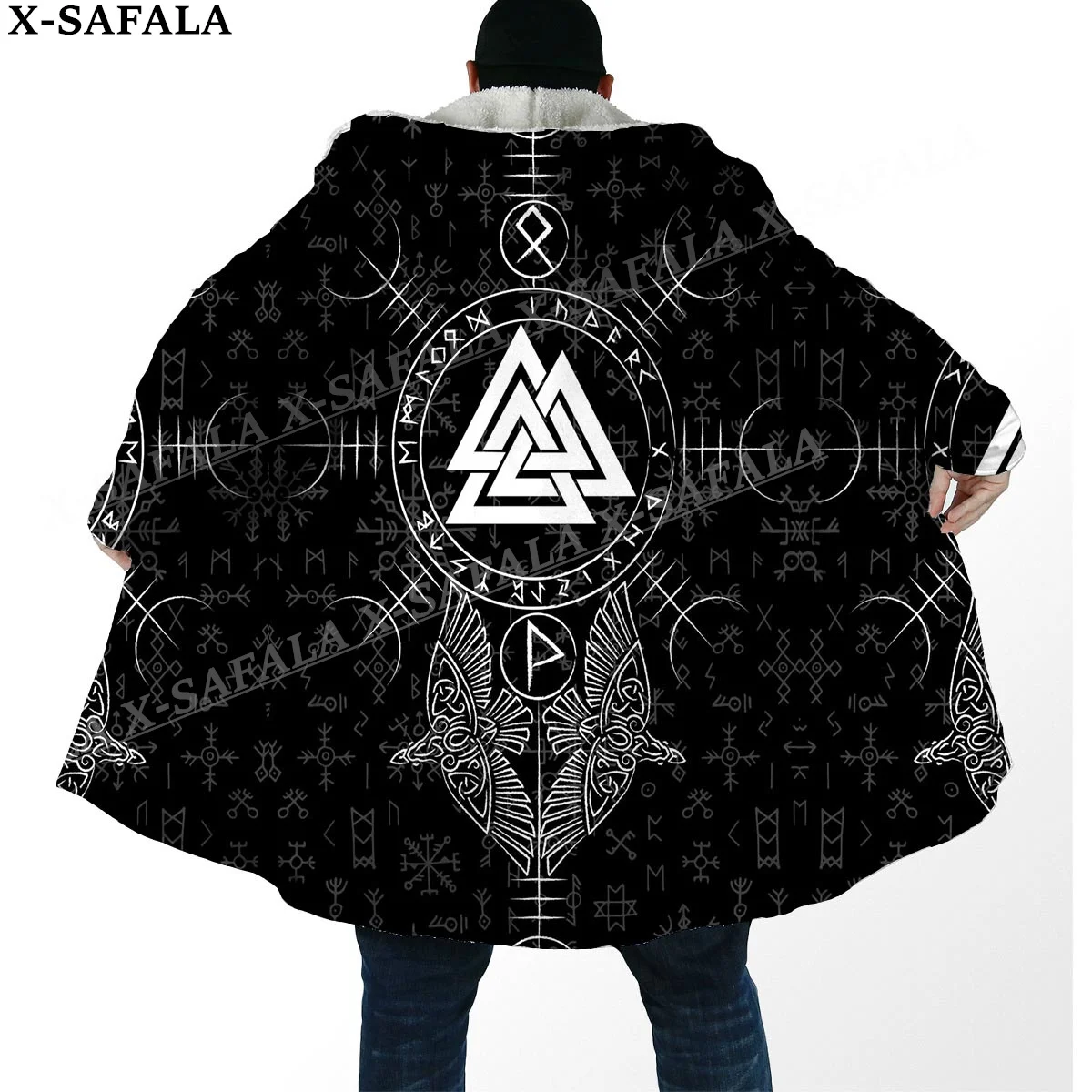 Мужская ветрозащитная плащ с капюшоном Толстая теплая в стиле викингов рисунком