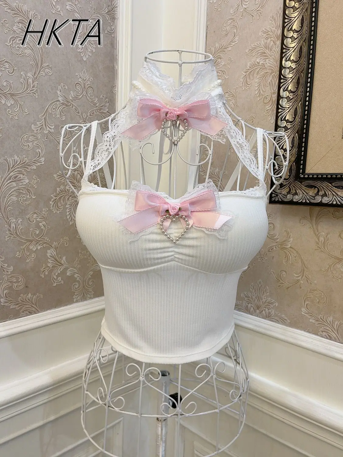 Y2K Aesthetic Kawaii Girls Sweet Rose Bow Белый жилет Женский шикарный жемчужный кружевной край