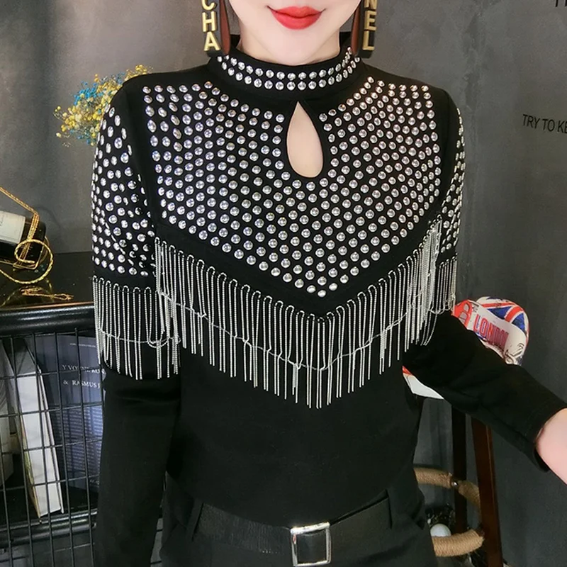 

Shiny Rhinestone Tassels Tops 2023 Korean Fashion Hollow Turtleneck Black Long Sleeve Shirt Women Pullover Clubwear DJ Dance Top