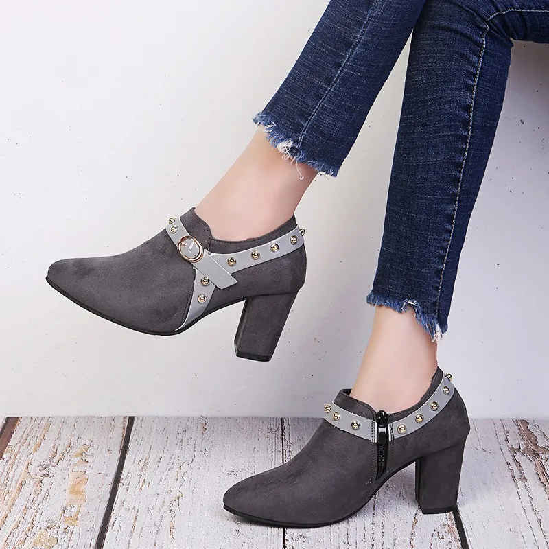 Thick High Heels Ladies Leather Shoes Ankle Pumps Round Toe Shoes Sandals Fashion Women Autumn Black Leather Shoes Plus Size 43