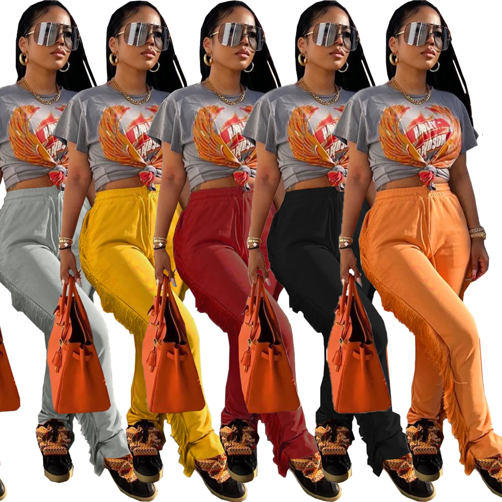 

QIWN Tassel Sweatpants for Girls Fashion Streetwear Women Fringe Joggers Cozy Casual Elastic High Waist Pants