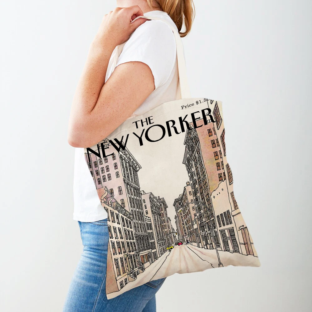 S Supermarket Tote Lady Handbag Double Print  Reusable Foldable Casual Canvas Shopping Bag