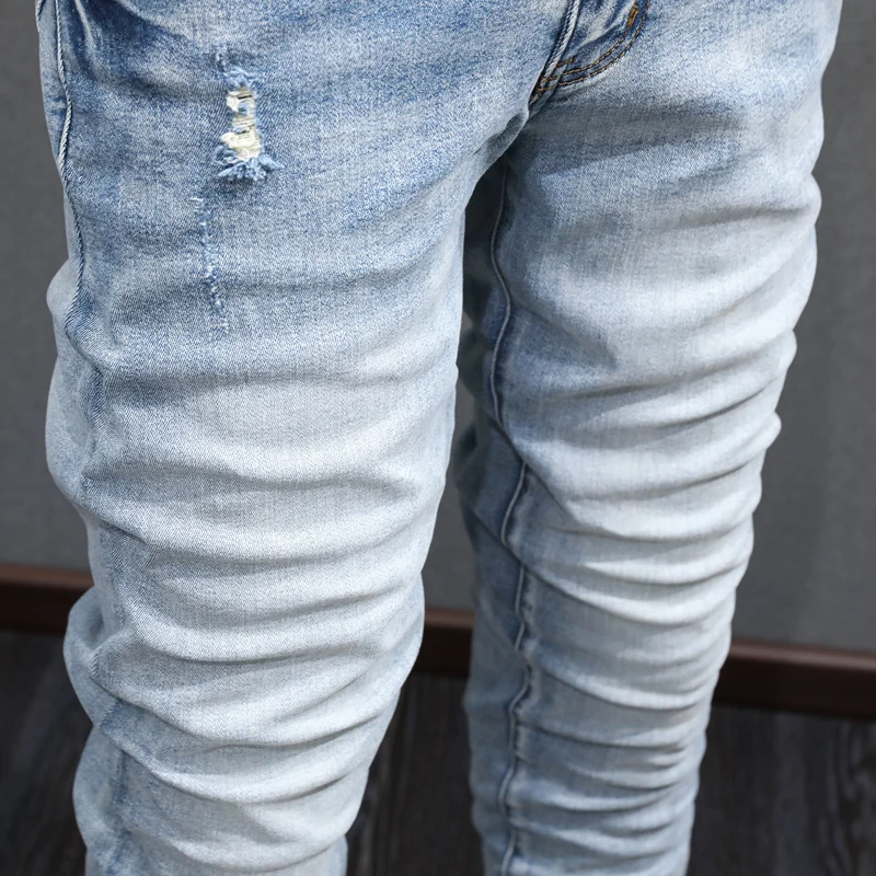 Street Fashion Men Jeans High Quality Retro Light Blue Elastic Stretch Skinny Fit Ripped Jeans Men Hip Hop Brand Designer Pants