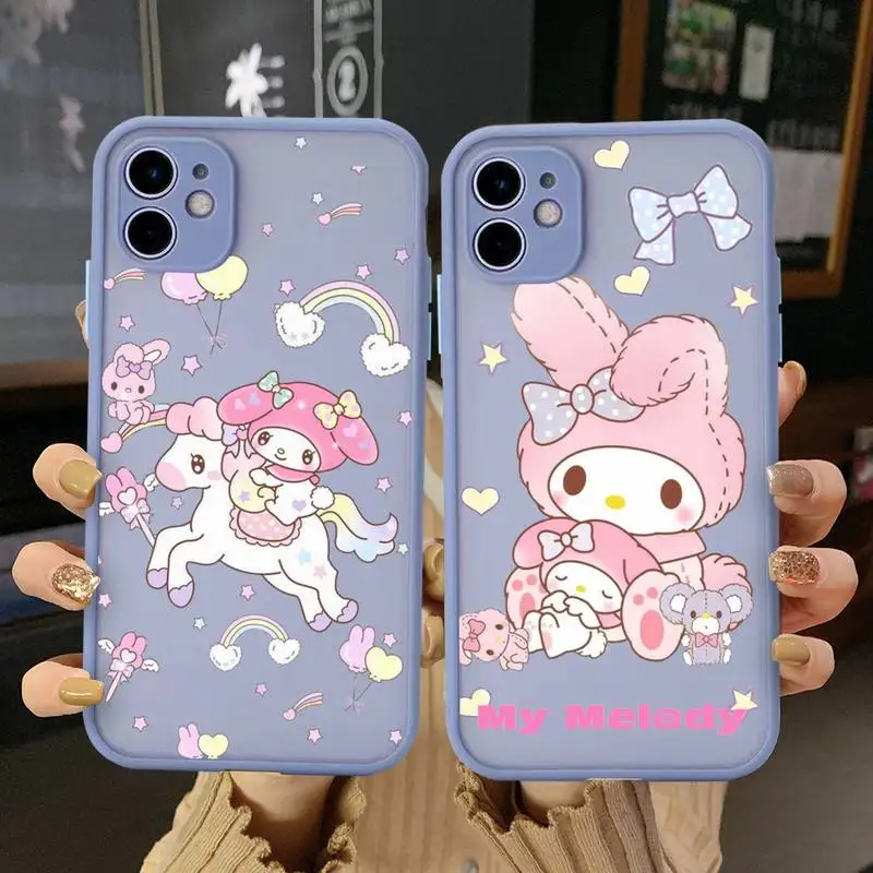 

Cute Cartoon Sanrio My Melody Phone Case For iphone 14 Plus 13 12 11 Pro Max Mini XS X XR Matte Transparent Light Gray Cover